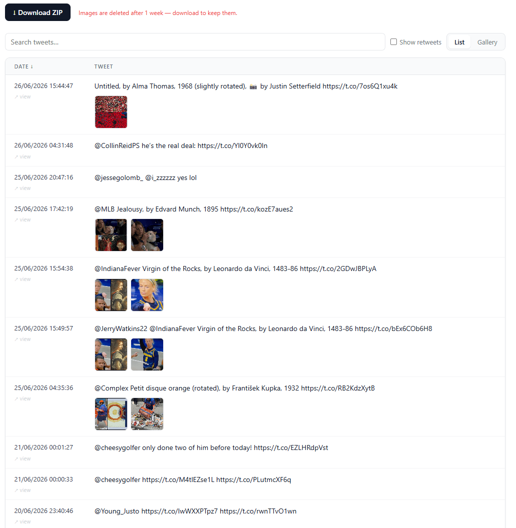 List view of archived tweets